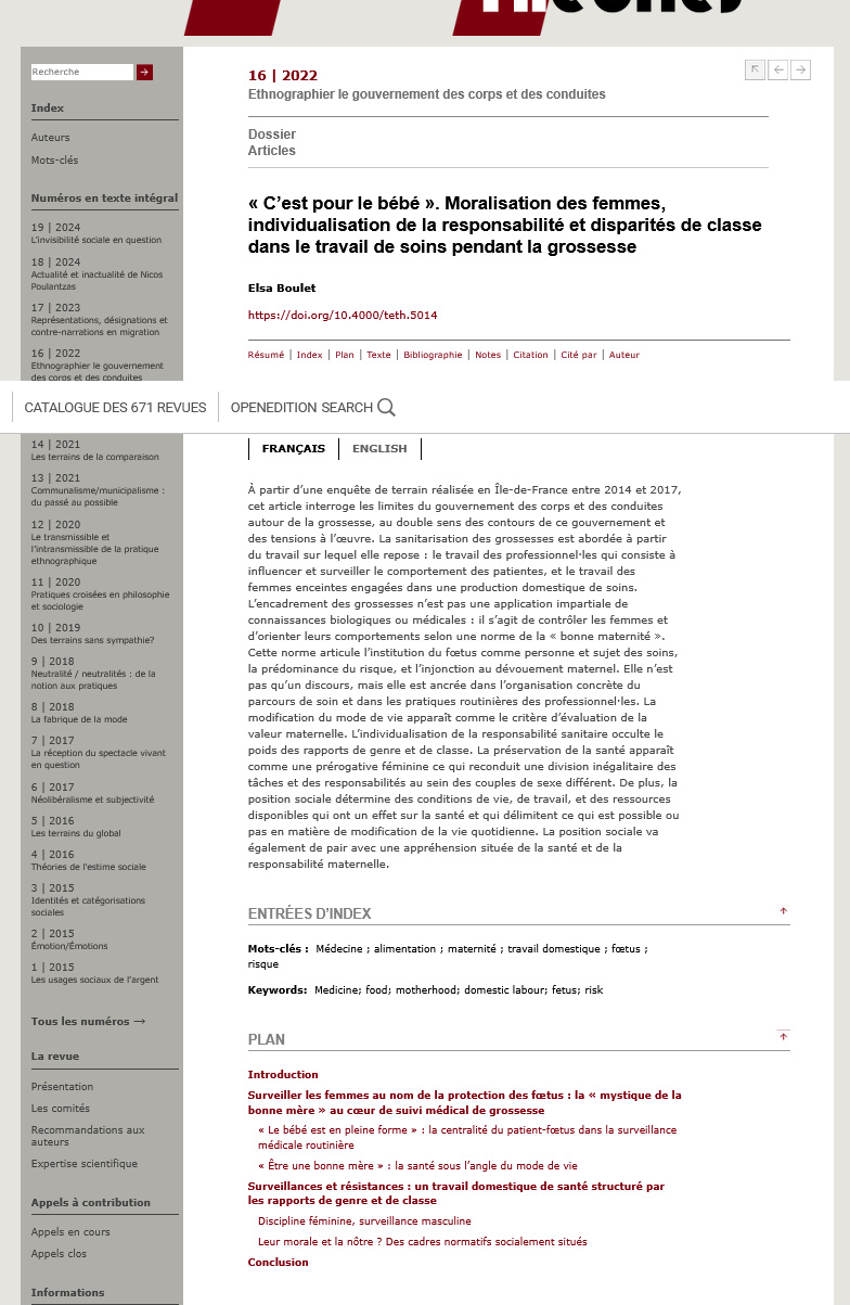 « C’est pour le bébé ». Moralisation des femmes, individualisation de la responsabilité et disparités de classe dans le travail de soins pendant la grossesse