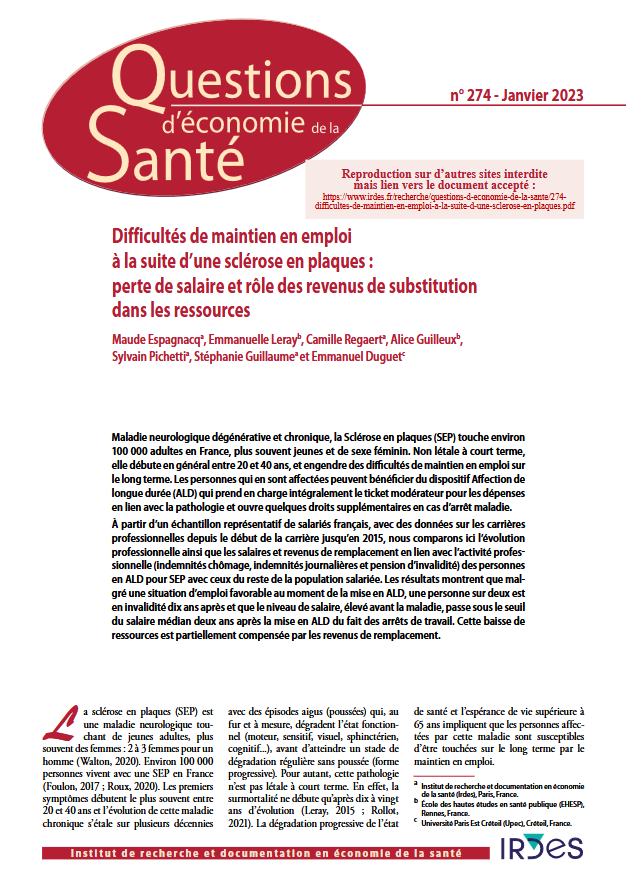 Difficultés de maintien en emploi à la suite d’une sclérose en plaques : perte de salaire et rôle des revenus de substitution dans les ressources