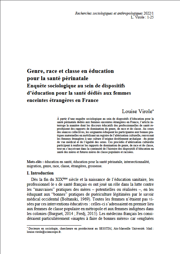 Genre, race et classe en éducation pour la santé périnatale Enquête sociologique au sein de dispositifs d’éducation pour la santé dédiés aux femmes enceintes étrangères en France