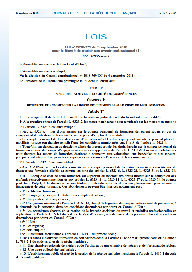 loi n°2018-771 pour la liberté de choisir son avenir professionnel du 5 septembre 2018, dite loi Avenir professionnel