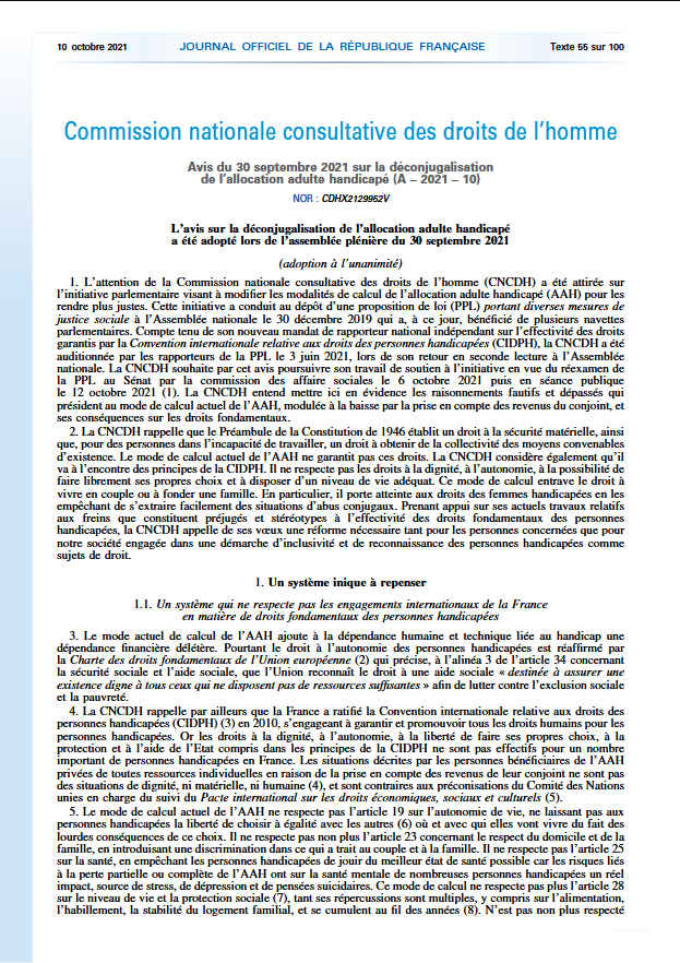 Avis du 30 septembre 2021 sur la déconjugalisation de l'allocation adulte handicapé (A-2021-10)