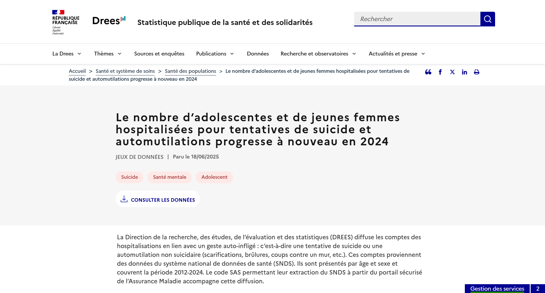 Le nombre d’adolescentes et de jeunes femmes hospitalisées pour tentatives de suicide et automutilations progresse à nouveau en 2024