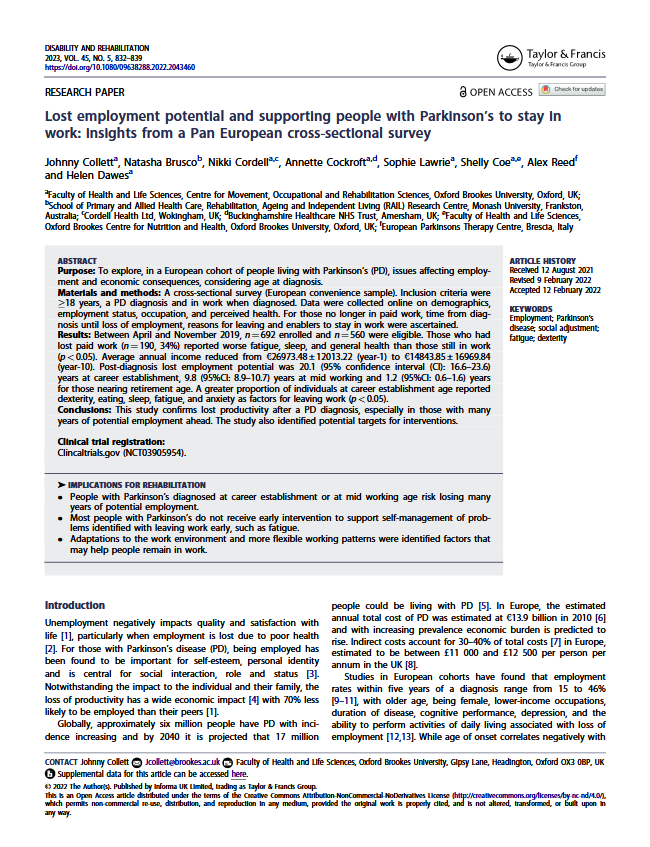 Lost employment potential and supporting people with Parkinson’s to stay in work: insights from a Pan European cross-sectional survey
