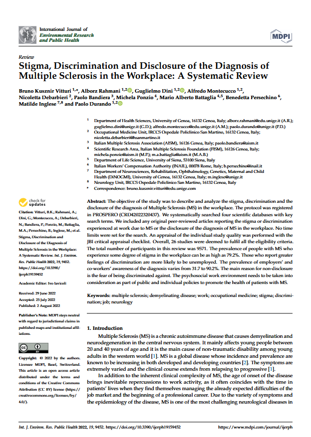 Discrimination and Disclosure of the Diagnosis of Multiple Sclerosis in the Workplace: A Systematic Review