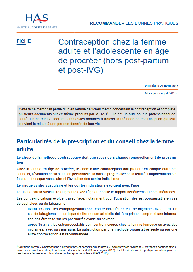 Contraception chez la femme adulte et l’adolescente en âge de procréer (hors post-partum et post-IVG)