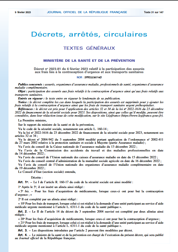 Décret n°2023-81 du 6 février 2023 relatif à la participation des assurés aux frais liés à la contraception d’urgence et aux transports sanitaires