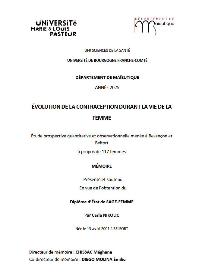 Évolution de la contraception durant la vie de la femme : étude prospective quantitative et observationnelle menée à Besançon et Belfort à propos de 117 femmes