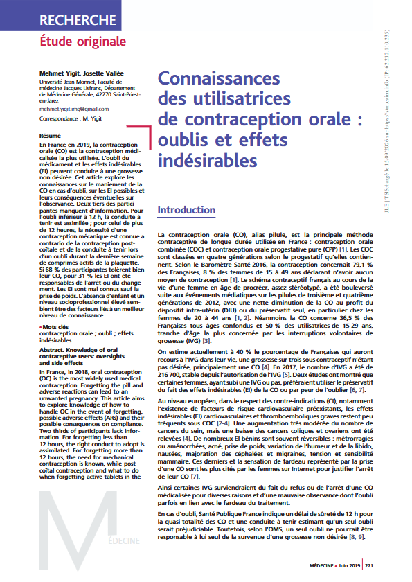 Connaissances des utilisatrices de contraception orale : oublis et effets indésirables