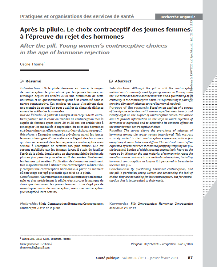 Après la pilule. Le choix contraceptif des jeunes femmes à l’épreuve du rejet des hormones 